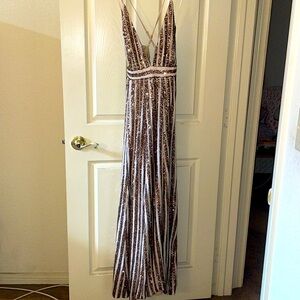 Sequin Stripe V-Neck Prom Dress in Rose Gold and White